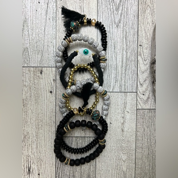 Stylish Boho Chic Gold & Black Stacked Bracelets -Trendy Mixed Style Bracelets - Picture 12 of 17